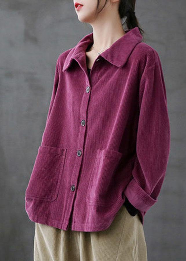 Cappotto in velluto a coste a maniche lunghe con camicia viola con tasche larghe