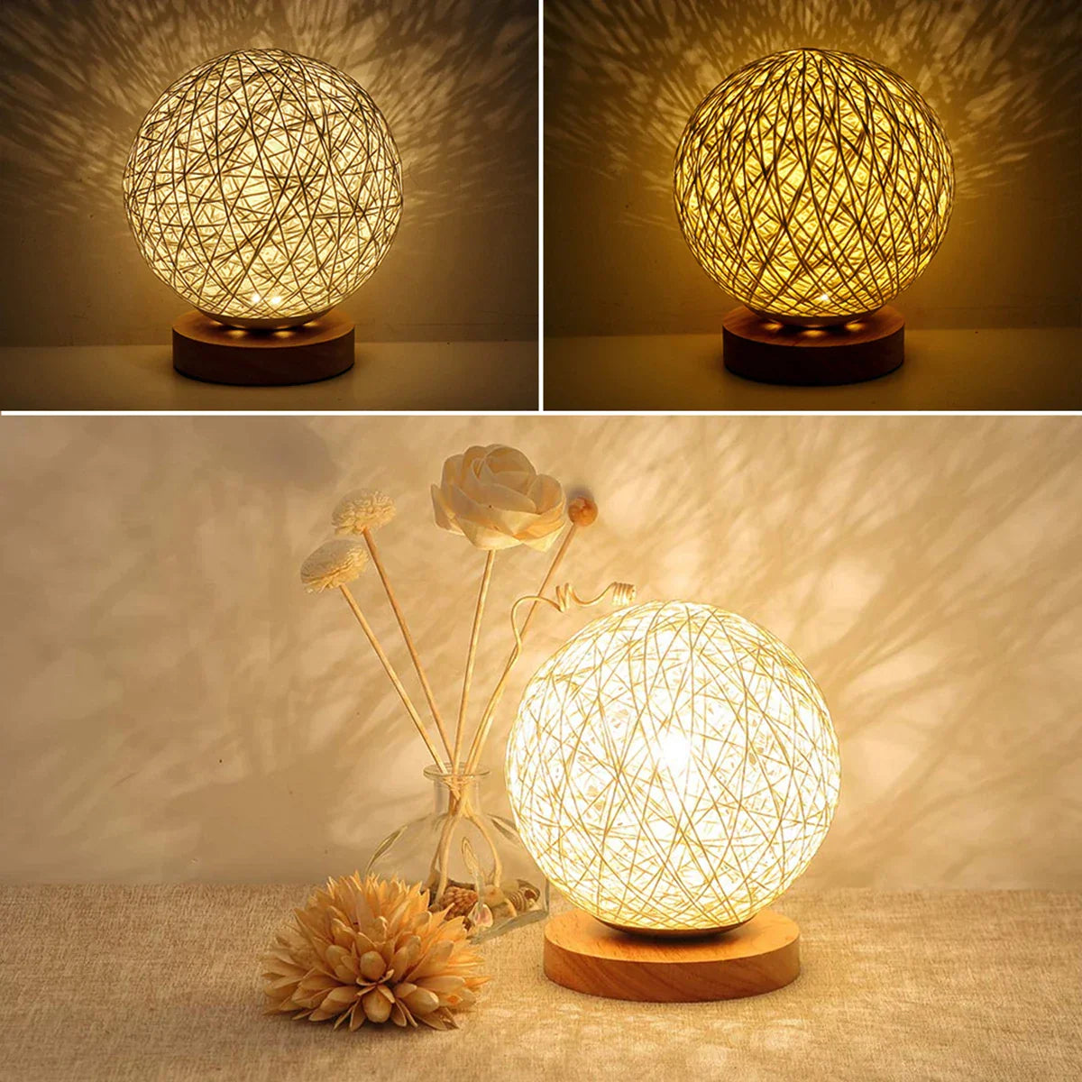 WovenGlow - Rattan-Kugel-Tischlampe