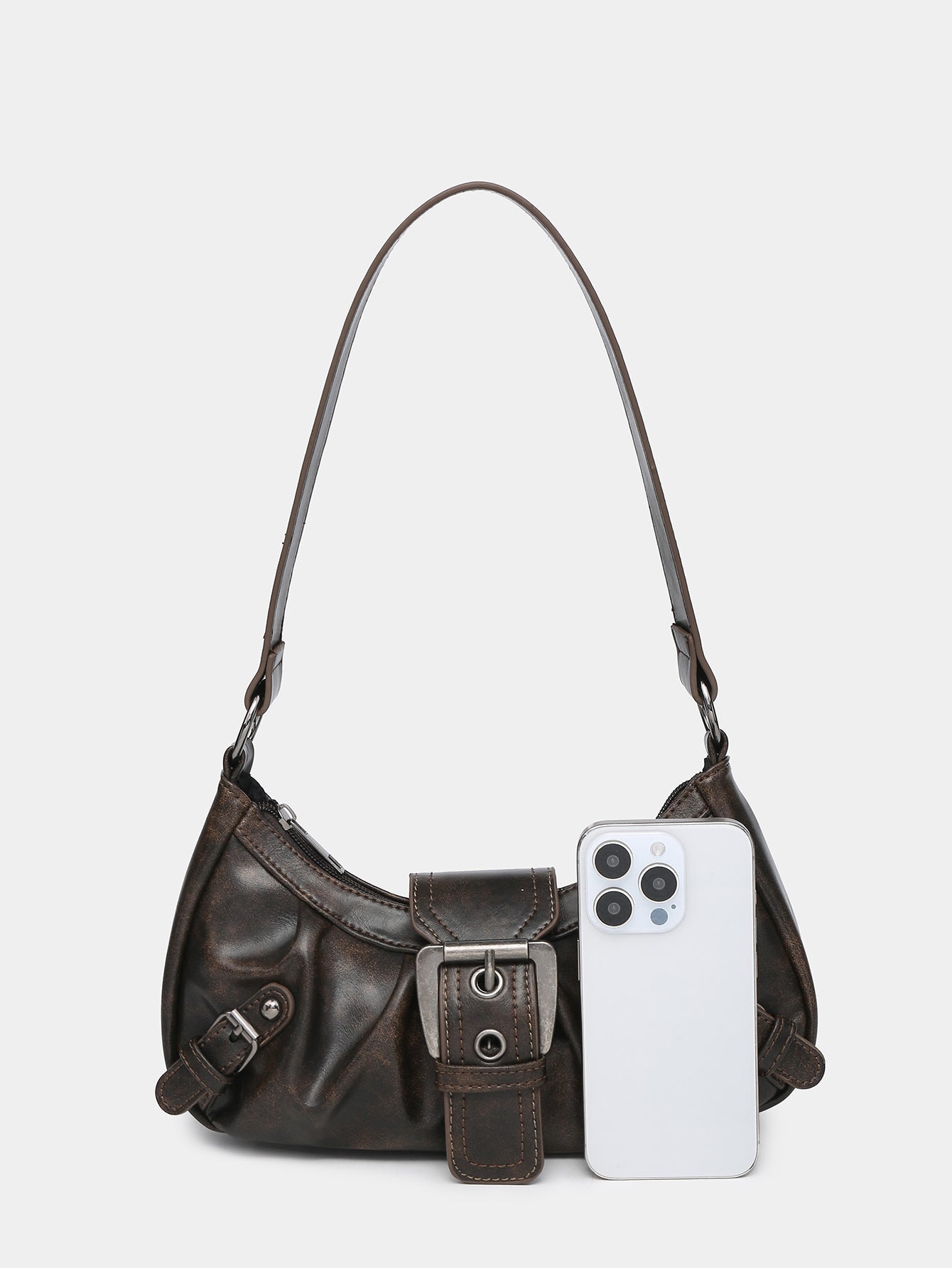 Cora Distressed Faux-Leather Buckle Hobo Bag