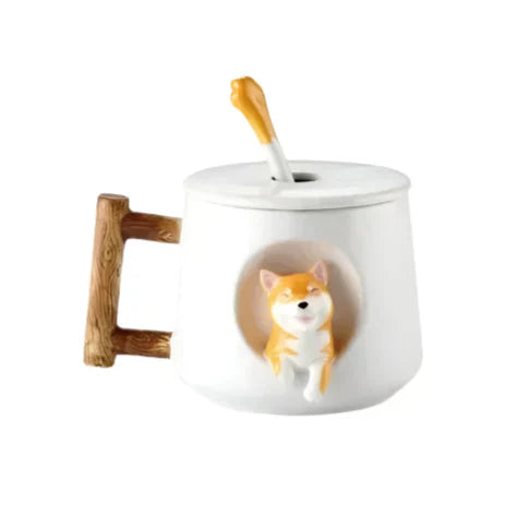 Shiba Inu Ceramic Couple Mug with Spoon and Cover - Charming and Creative Coffee Cup for Tea Lovers - Adorable and Cute