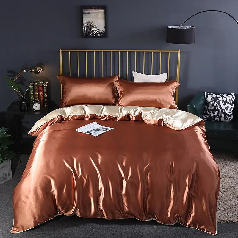 Parure de Lit Luxe en Soie - 4 Pièces (1 Drap Plat + 1 Housse de Couette + 2 Taies d'Oreiller)