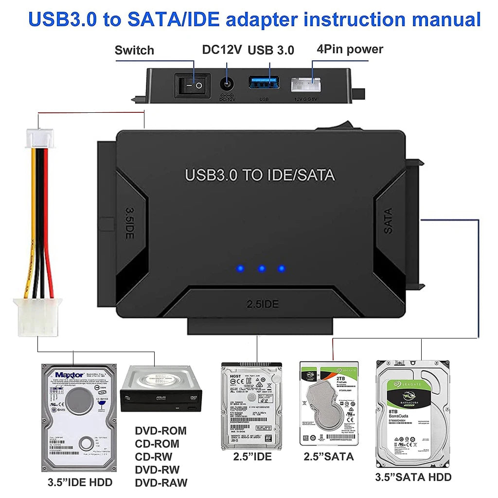 Adattatore SATA/IDE a USB 3.0 – Convertitore disco rigido per HDD SATA/IDE da 2,5/3,5 pollici, SSD, CD/DVD-ROM, supporta fino a 6 TB per PC e Mac