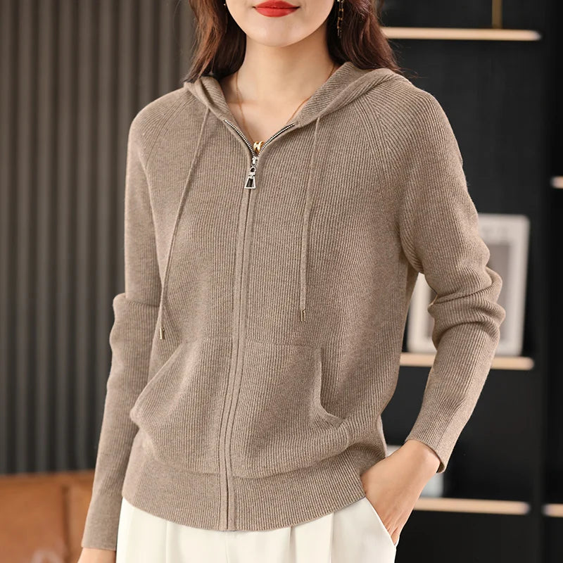 Lana Wool-Blend Hooded Zipper Cardigan/Sweater– Thick Knitted Coat for Autumn & Winter