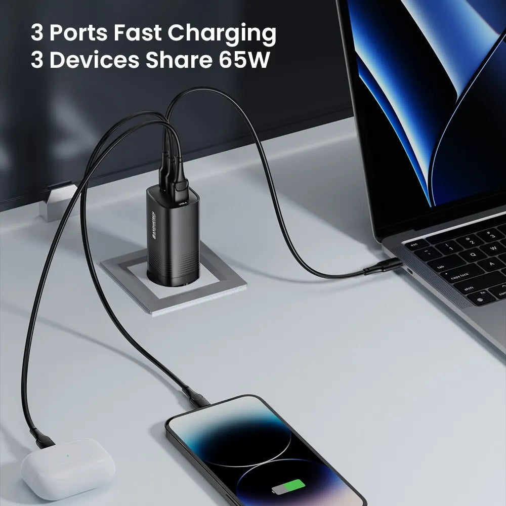 Caricabatterie USB Type C GaN da 65 W – Caricabatterie veloce PD QC4.0 per MacBook, laptop, iPhone 14, Samsung S23 Ultra, iPad e tablet (doppia porta C)