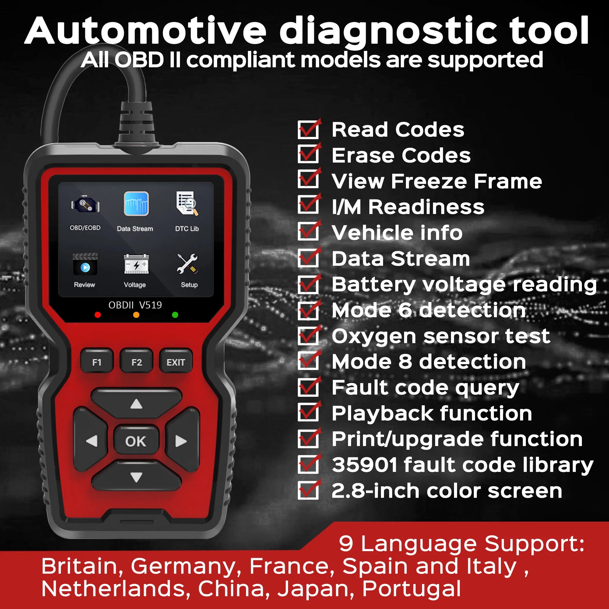 Dati in tempo reale dello scanner OBD2 - Strumento di lettura del codice diagnostico OBDII professionale per la diagnostica di luci del motore di controllo, auto e camion