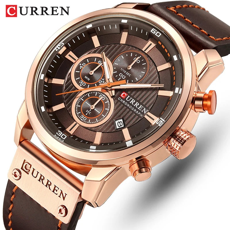 8291  Men's Leather Sports Watch - Chronograph Military Style Quartz Wristwatch