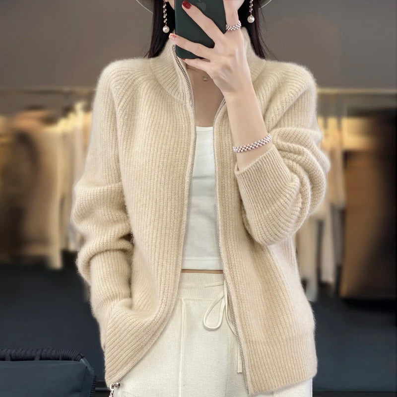 100% Pure Wool Zipper Cardigan/Sweater for women