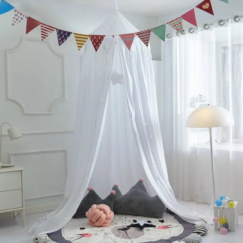 Ciel de lit pour enfants avec pompons et volants - Blanc, rose et gris