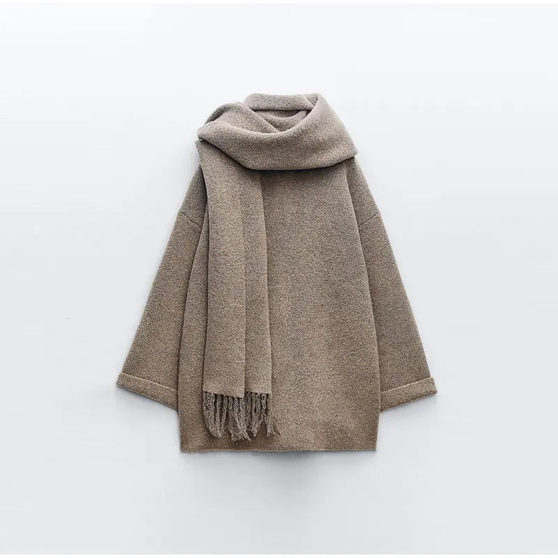 Luxury Woolen Chic™ - Ullfrakk/jakke med skjerf