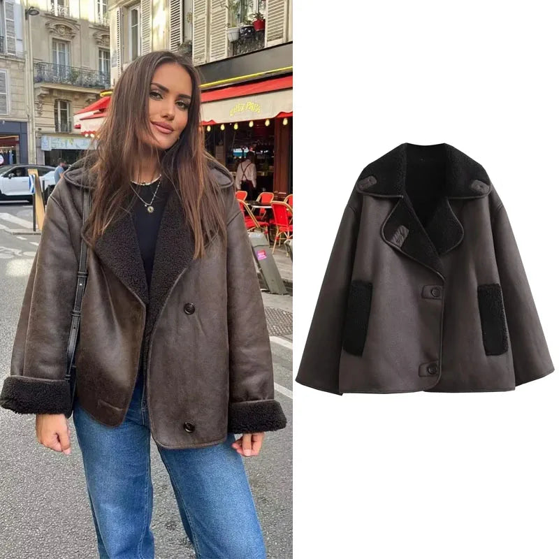 Veste Emery - Veste en peluche épaisse en simili cuir avec mélange de laine pour l'automne/l'hiver