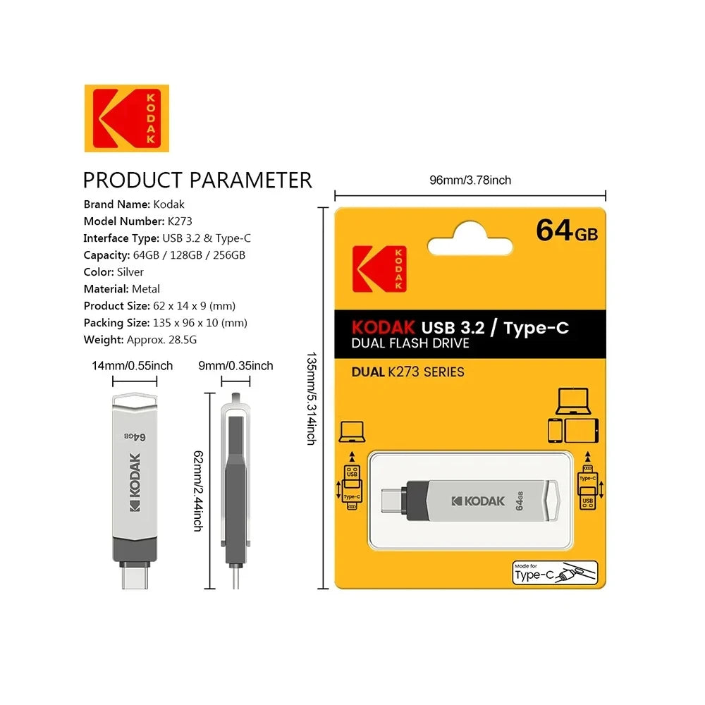 KODAK USB 3.2 Type-C Flash Drive | 32GB, 128GB, 256GB | High-Speed Dual Memory Stick for Smartphone & Laptop