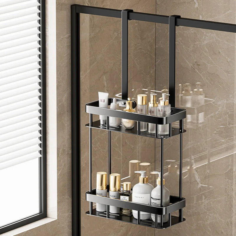 Ava No-Drill Shower Caddy | Sleek Glass Door Storage & Towel Rack