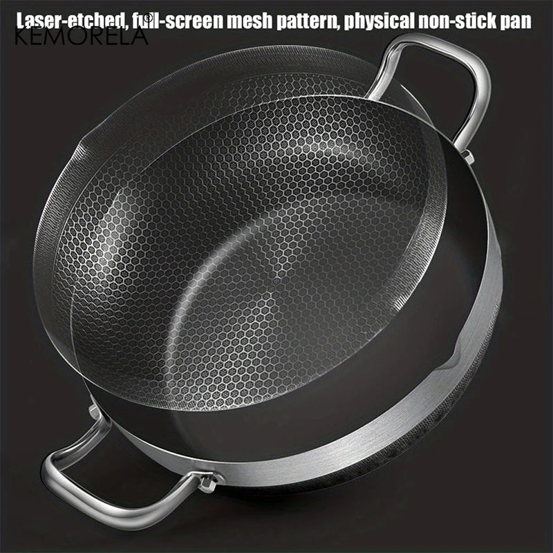 Stainless Steel Non-Stick Frying Pan & Soup Pot with Honeycomb Bottom – 26/28/30CM, Glass Lid, Induction & Gas Compatible