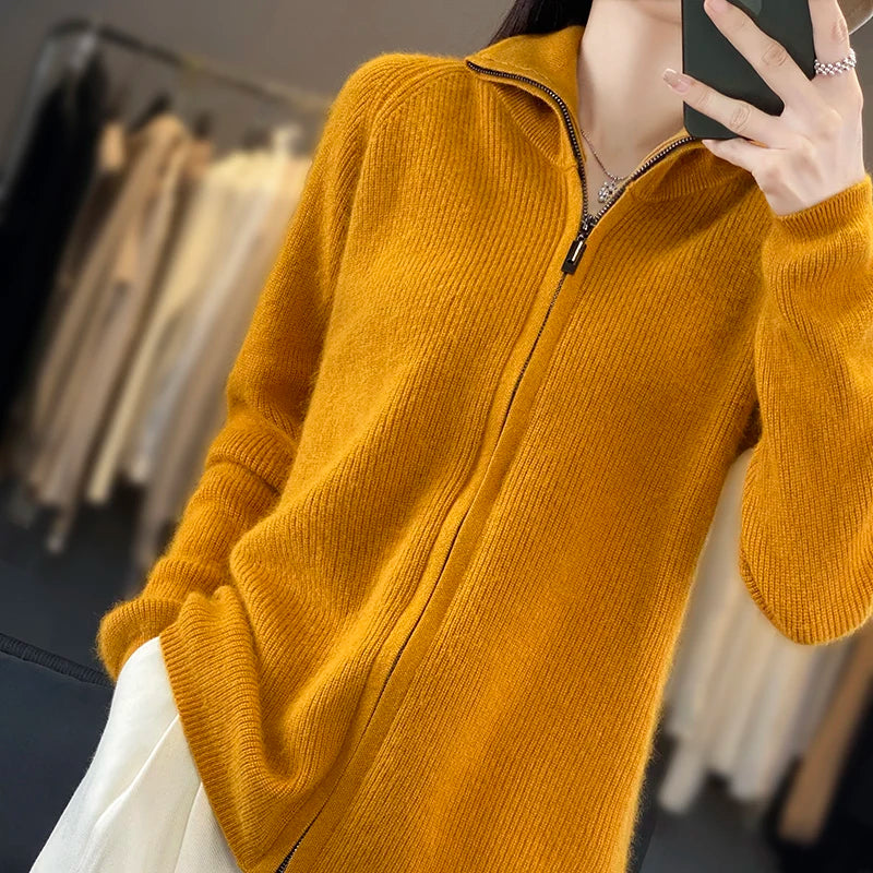 Elena 100 % Cashmere Zipper Cardigan – Loose Fit tröja i koreansk stil