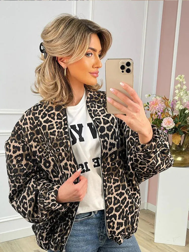 Chaqueta Leona - Chaqueta de manga larga con cremallera y estampado de leopardo para otoño