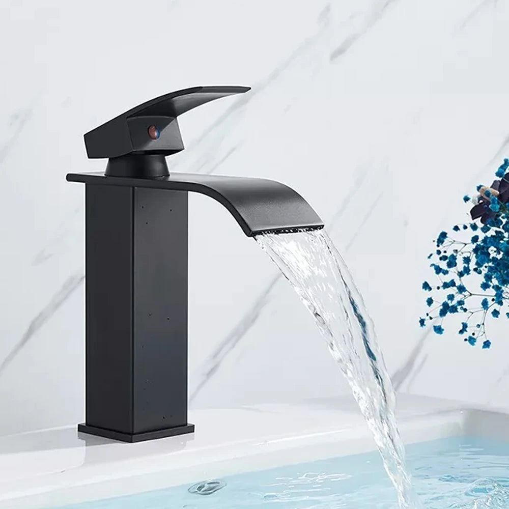 Sophia Black Waterfall Faucet - Modern Basin Mixer for Hot & Cold Water