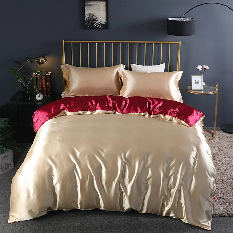 Parure de Lit Luxe en Soie - 4 Pièces (1 Drap Plat + 1 Housse de Couette + 2 Taies d'Oreiller)