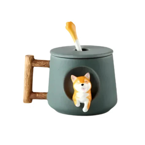 Shiba Inu Ceramic Couple Mug with Spoon and Cover - Charming and Creative Coffee Cup for Tea Lovers - Adorable and Cute