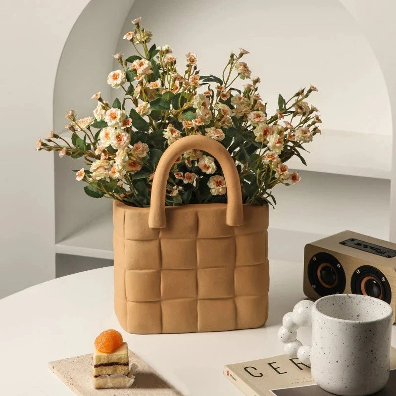 Bolso de cerámica para mujer, jarrón de flores, bolso nórdico de lujo, jarrón, bolso, maceta, adornos, decoración para oficina y sala de estar, decoración del hogar