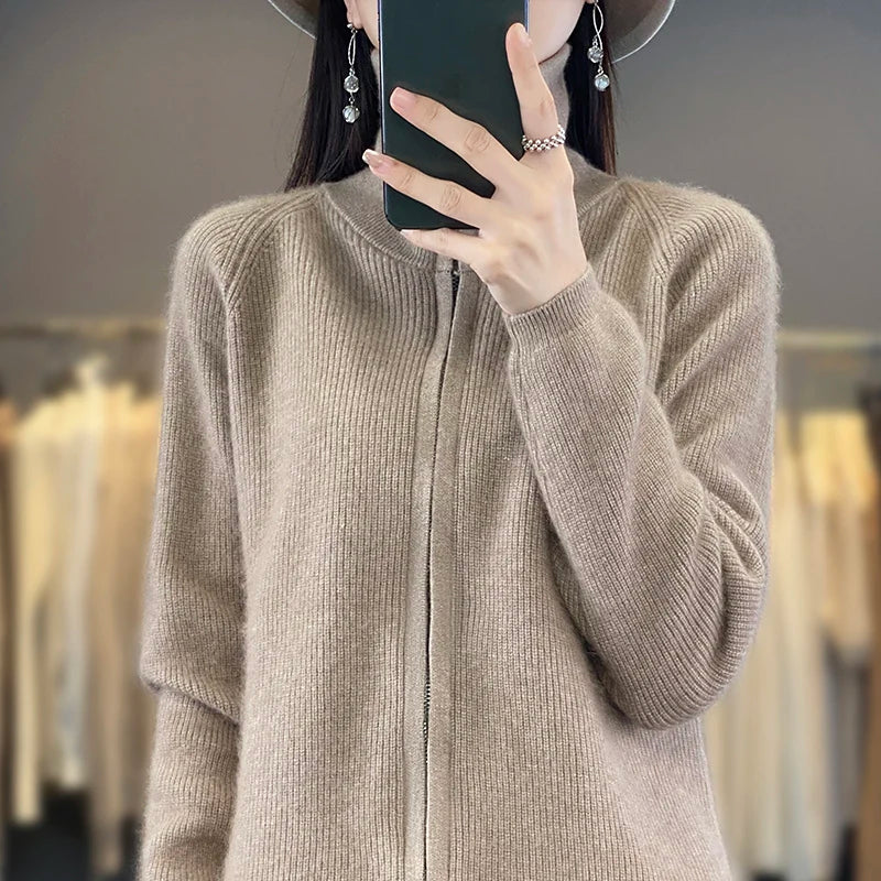 Elena 100 % Cashmere Zipper Cardigan – Loose Fit tröja i koreansk stil