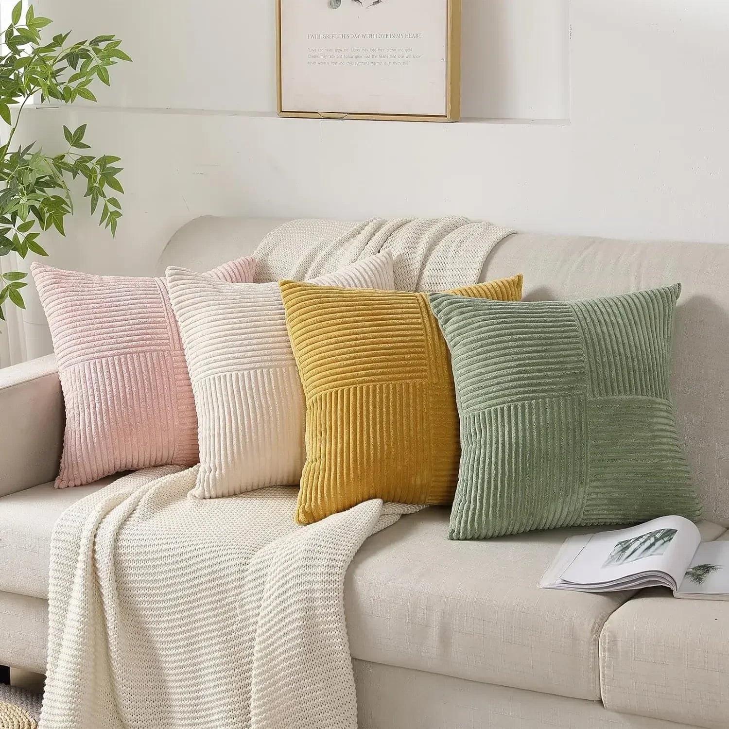 StripeCozy - Housse de coussin en velours côtelé doux pour la décoration intérieure