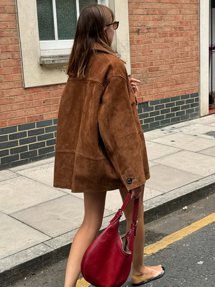 Ella Jacket - Brown Single-Breasted Lapel Loose Jacket for Autumn