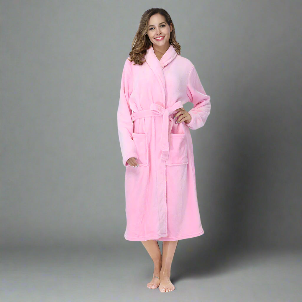 RONGTAI Women's Plush Fleece Bathrobe – Warm & Cozy Long-Sleeve Robe