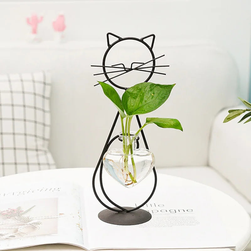 Jarrón Hydro Heartly Cat: decoración moderna hecha a mano de vidrio y metal para el hogar, bodas y fiestas