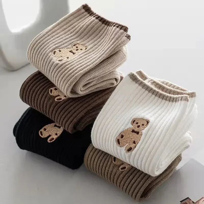 Kawaii Bear Socks 5-Pack - Soft Cotton Autumn Footwear for Women