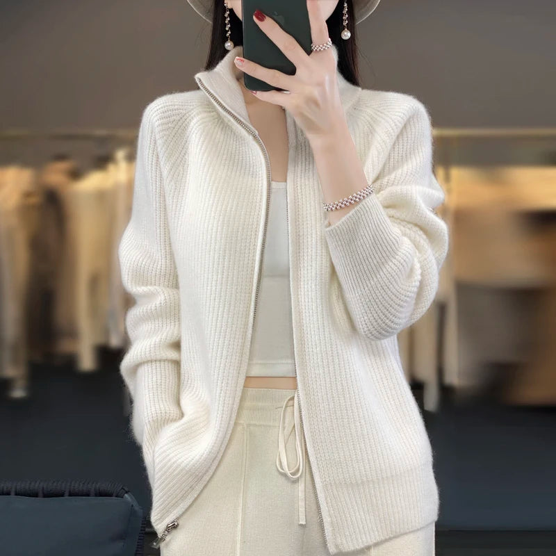 Cardigan/pull zippé 100 % pure laine pour femme