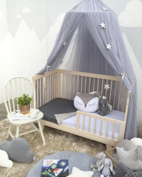 Kids Tulle Bed Canopy with Star Decoration - White, Beige, Pink, Grey, Blue & Purple