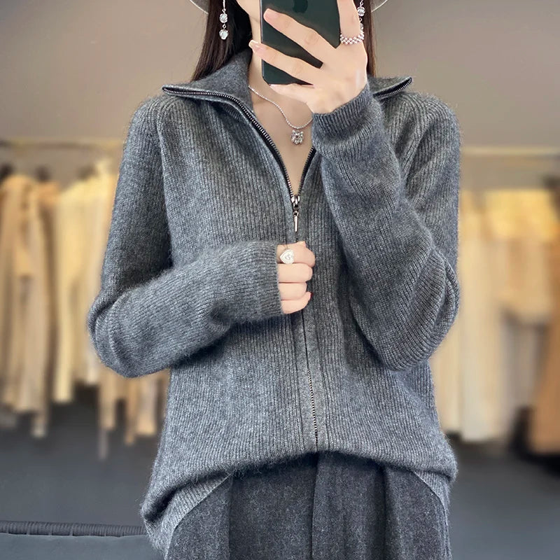 Elena 100 % Cashmere Zipper Cardigan – Loose Fit-genser i koreansk stil