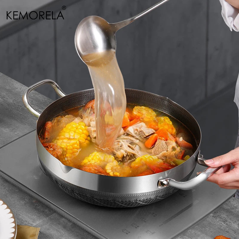 Stainless Steel Non-Stick Frying Pan & Soup Pot with Honeycomb Bottom – 26/28/30CM, Glass Lid, Induction & Gas Compatible