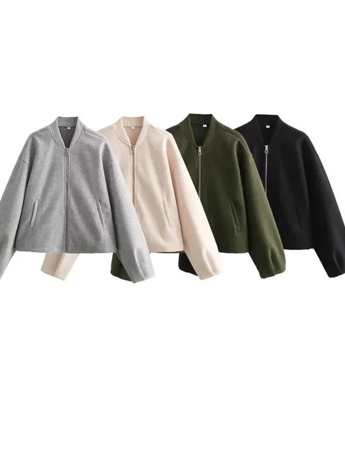 Bella Automne Blouson Bomber pour Femme - Manteau Décontracté à Col Montant de Couleur Unie