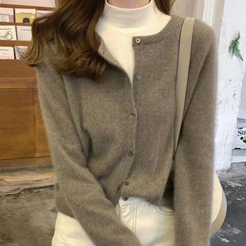 Cardigan tricoté de couleur unie d'automne - Pull coréen à simple boutonnage pour femme