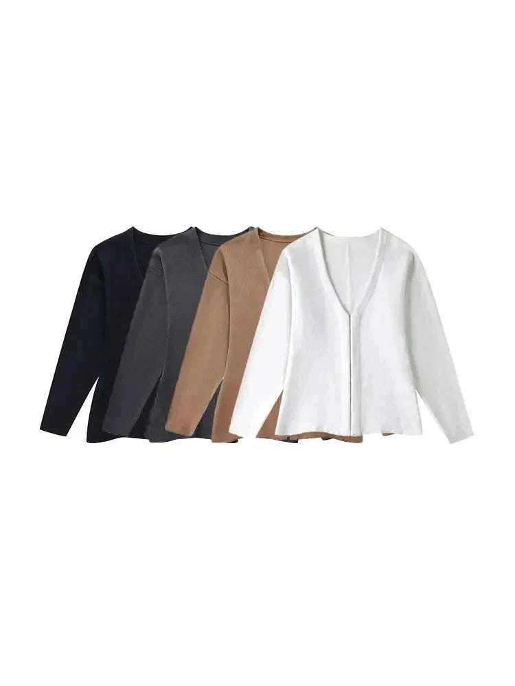 Lina's Luxe Cardigan en tricot ajusté – Col en V, ourlet fendu chic, pull confortable pour femme pour l'automne/hiver