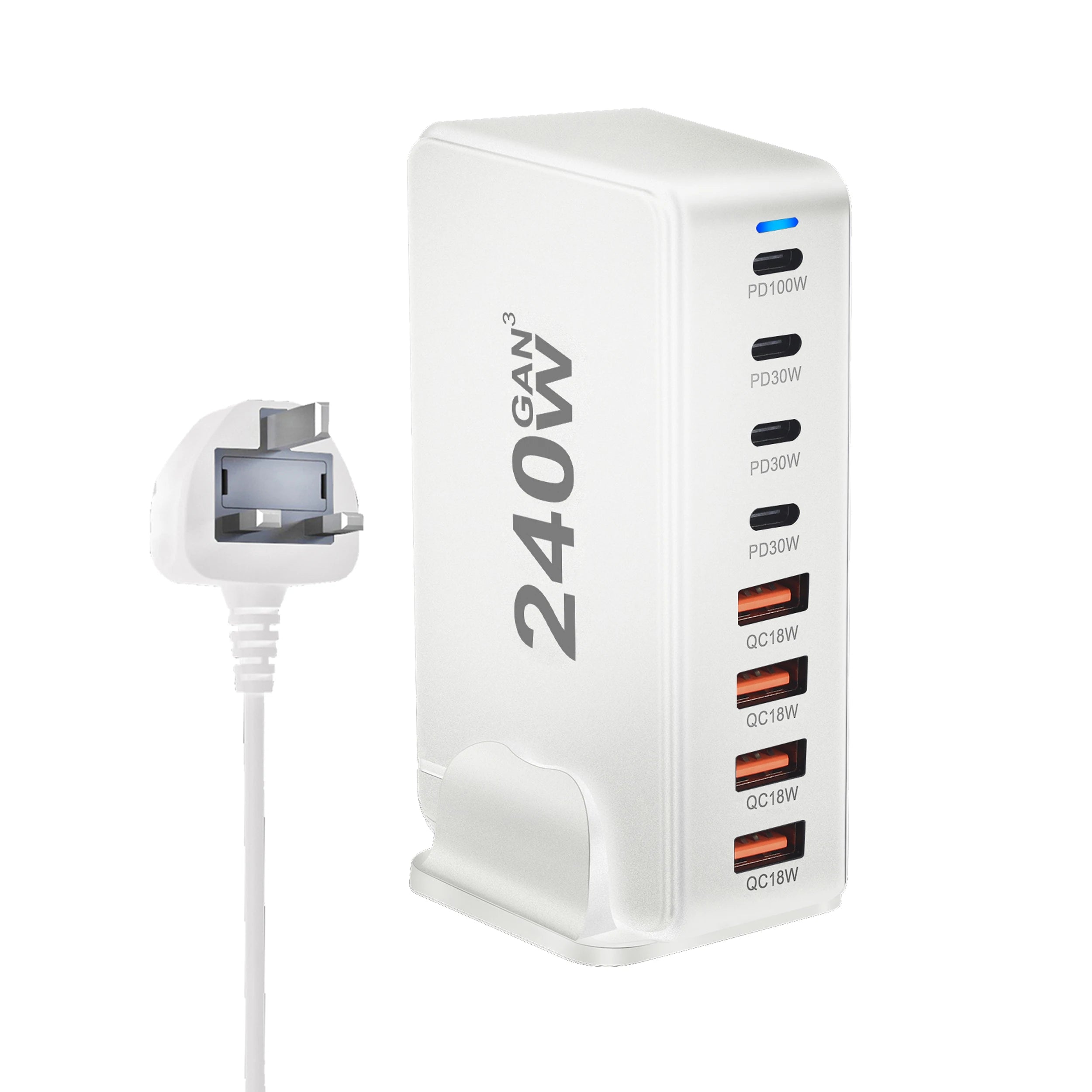 Caricatore GaN da tavolo da 240 W – Stazione di ricarica rapida USB Type C PD Quick Charge 3.0 a 8 porte per dispositivi mobili, laptop e altro ancora