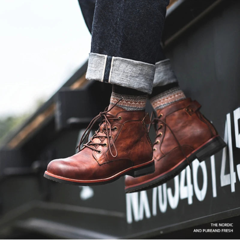 Handmade Leather Men's Boots – Retro Round Toe Ankle Boots for Men