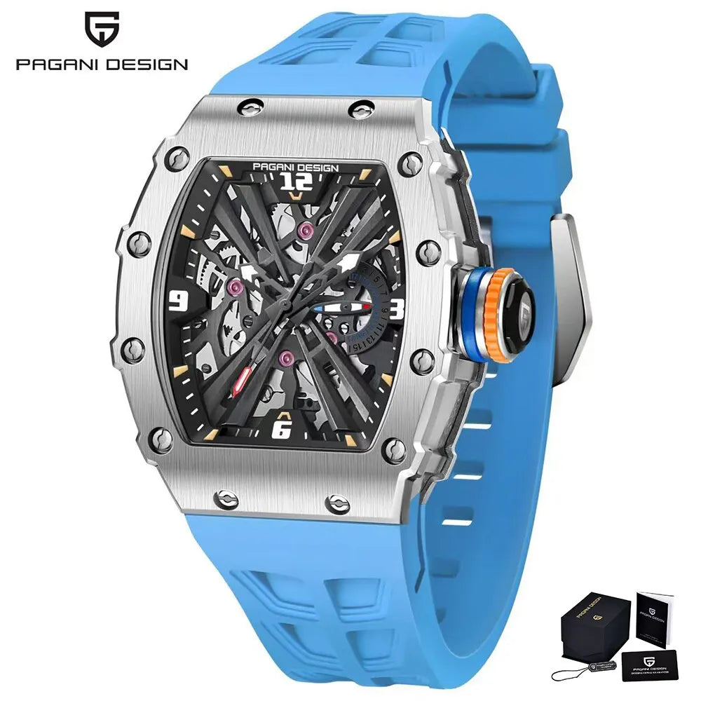 PAGANI DESIGN Reloj de Cuarzo para Hombre - Movimiento VH65, Esfera Esqueleto, Resistente al Agua 100 M, Cristal de Zafiro, Reloj Deportivo rectangular