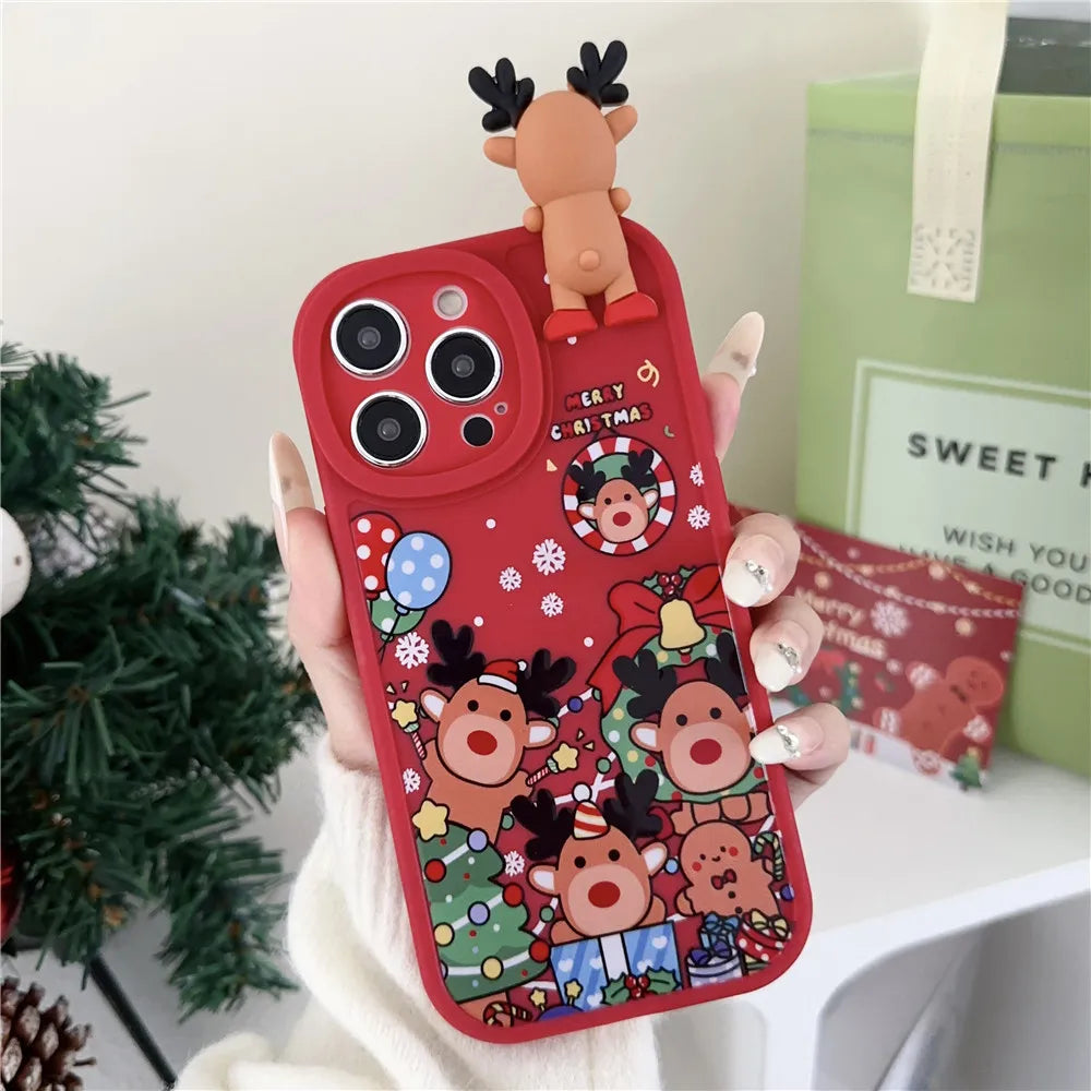 Custodia natalizia festosa con orso e renna 3D per iPhone – Cover morbida in silicone