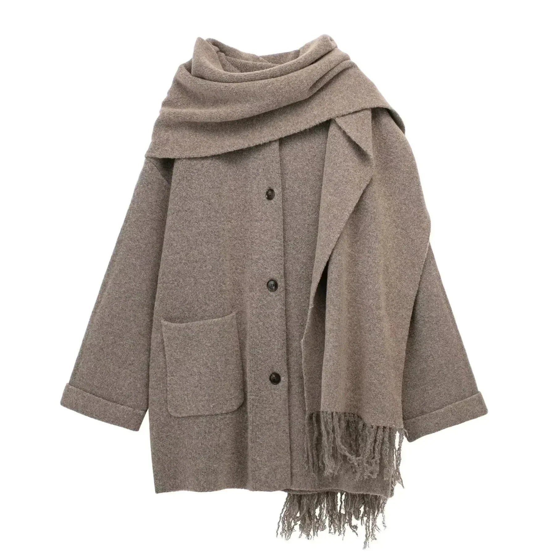 Luxury Woolen Chic™ - Ullfrakk/jakke med skjerf