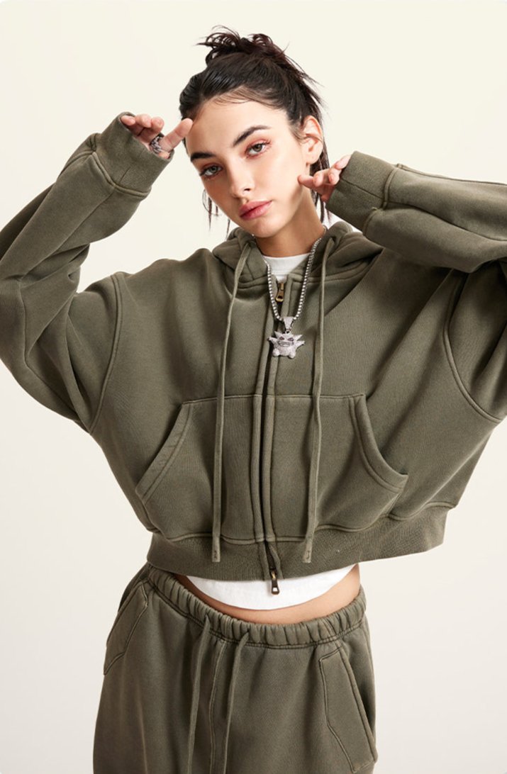 Gewaschenes Vintage Cropped Zip Hoodie