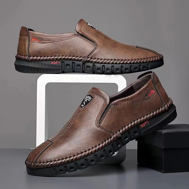 Men's Casual Leather Shoes - Autumn Fashion Comfortable Slip-On Flat Shoes