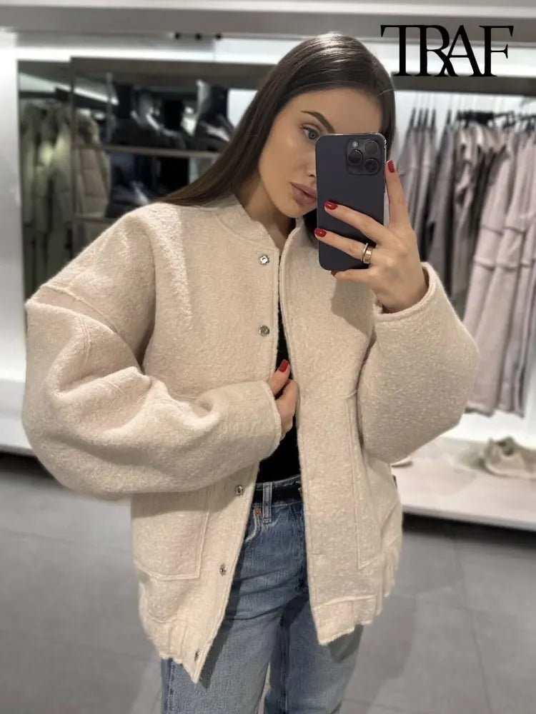 Eliza Femme Bomber Oversize avec Poches - Vêtement d'Extérieur Chic Vintage pour Automne/Hiver