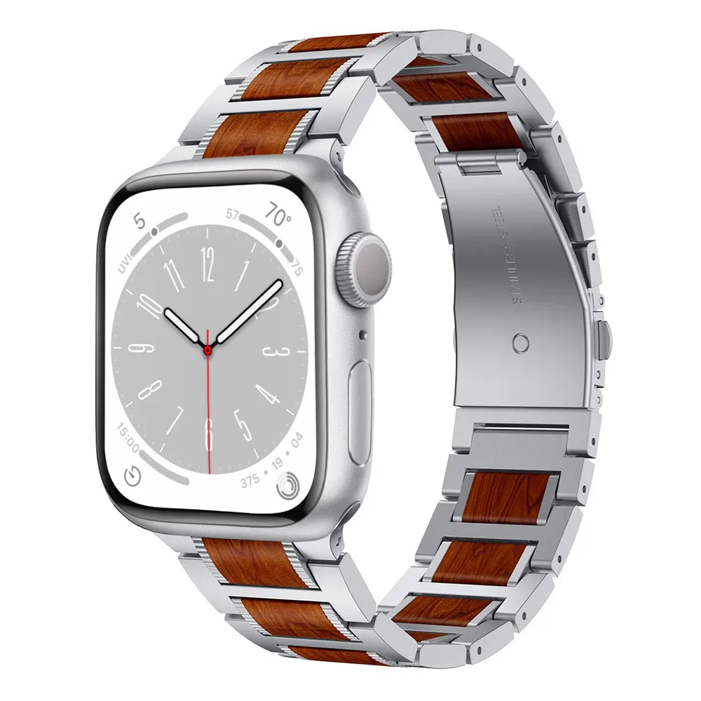 Pulseira de Relógio de Madeira de Sândalo Vermelho Natural e Metal para Apple Watch