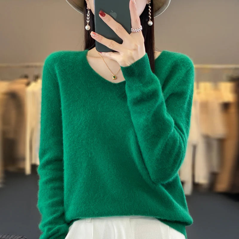 Weronica: Sweater V-Neck 100% Lã Merino