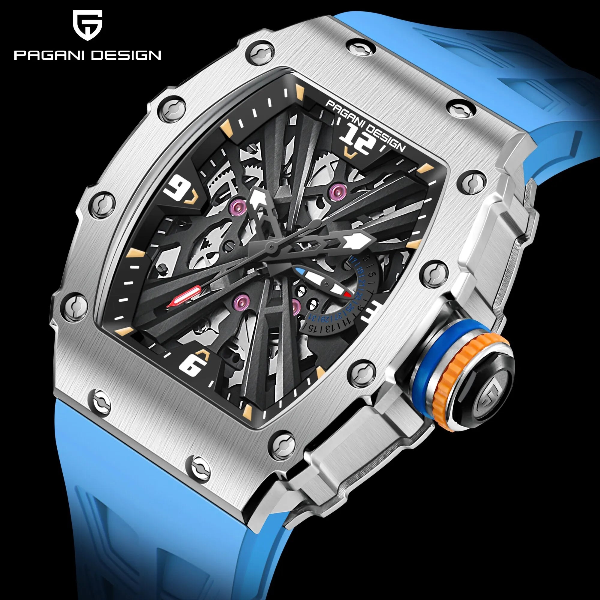 PAGANI DESIGN Men's Quartz Watch - VH65 Movement, Skeleton Dial, 100M Waterproof, Sapphire Glass, Sport Rectangle Watch