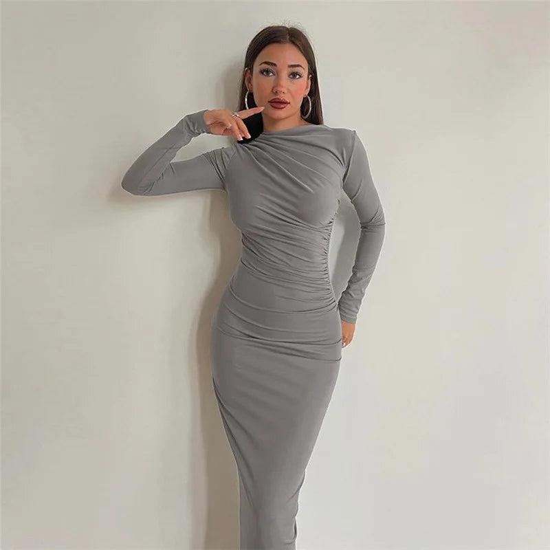 Herfst Elegantie: Sara's Sexy Gerimpelde Bodycon Jurk voor Club- en Feestnachten