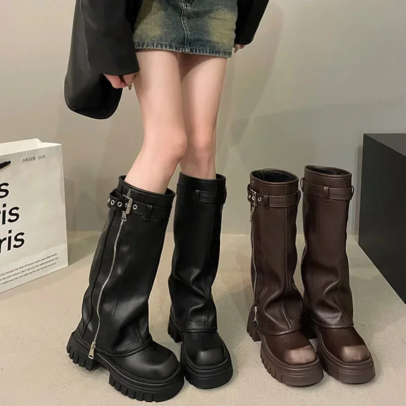 Amanda: Winter Women Biker Boots - Fashion Belt Buckle Platform Knee High Booties