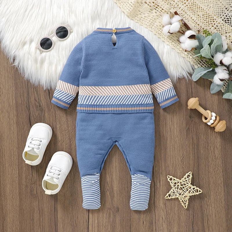 CozyBaby Blue Knit Romper - pitkähihainen vastasyntyneen haalari pojille ja tytöille